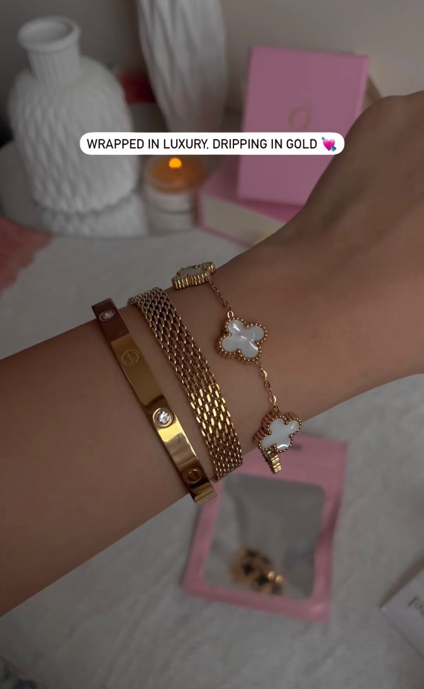 Cartier Love Bangle With Rowena & White Clover Bracelet Stack Trio Set