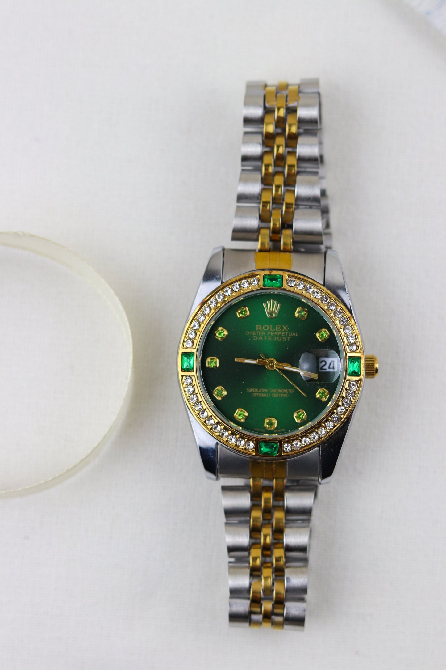 Rol-ex Gilded Green Datejust Watch