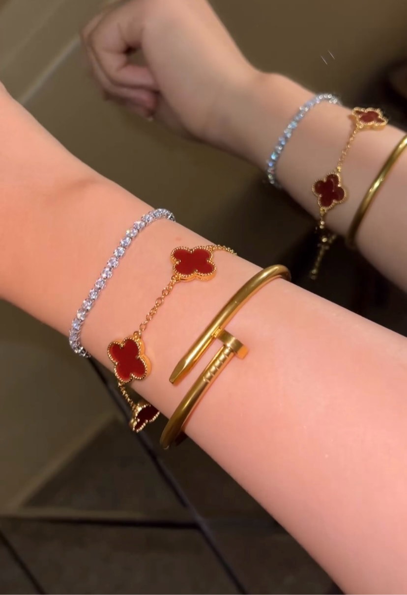 Cartier Nail Bangle With Red Clover & Silver Tennis Bracelet