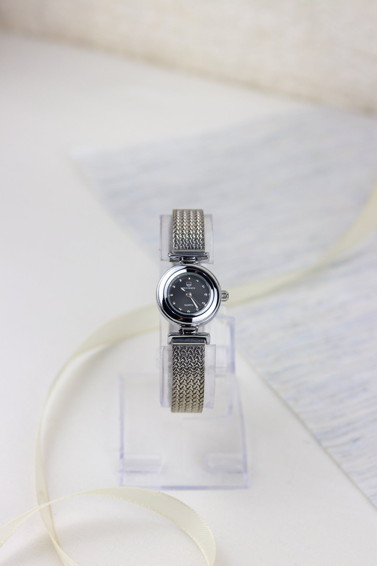 True-Worth Silver Quartz Crystal Cascade Watch
