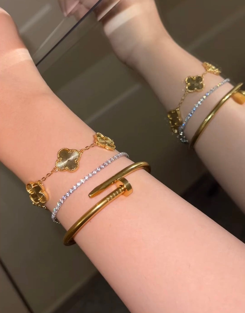 Cartier Nail Bangle With Golden Clover & Silver Tennis Bracelet