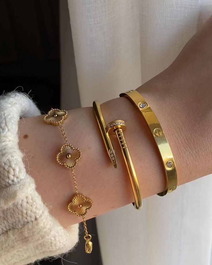 Cartier Love & Nail Bangle With Golden Clover Bracelet Stack Trio set