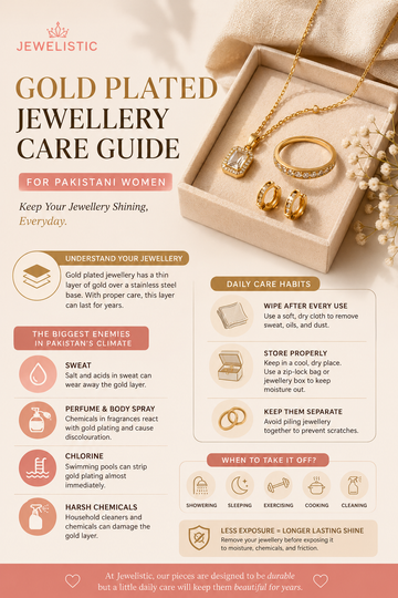 18k gold plated jewellery care guide for Pakistani women with necklace, ring and earrings.