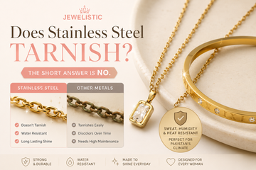 Does stainless steel jewellery tarnish infographic featuring gold stainless steel necklace and bracelet, comparing stainless steel vs other metals and explaining tarnish resistance for long-lasting jewellery.