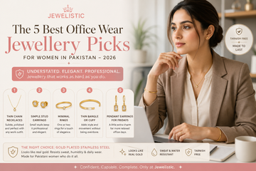 Professional woman wearing elegant gold jewellery for office wear, showcasing minimalist necklaces, earrings, rings, and bracelets in a stylish office setting for women in Pakistan.