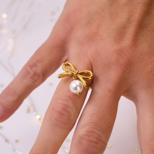 Forever Bow Pearl Charm Adjustable Ring