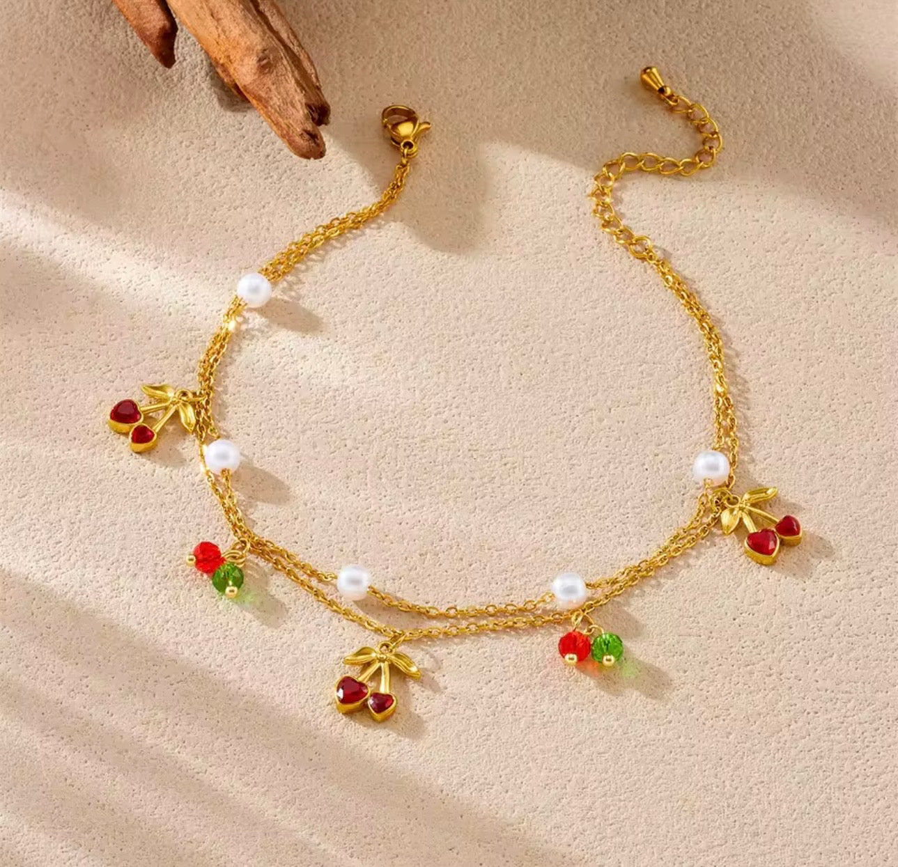 Layered Cherry and Pearl Anklet