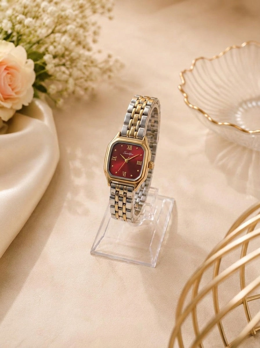 Sunliflex Burgundy Vintage Square Women's Watch