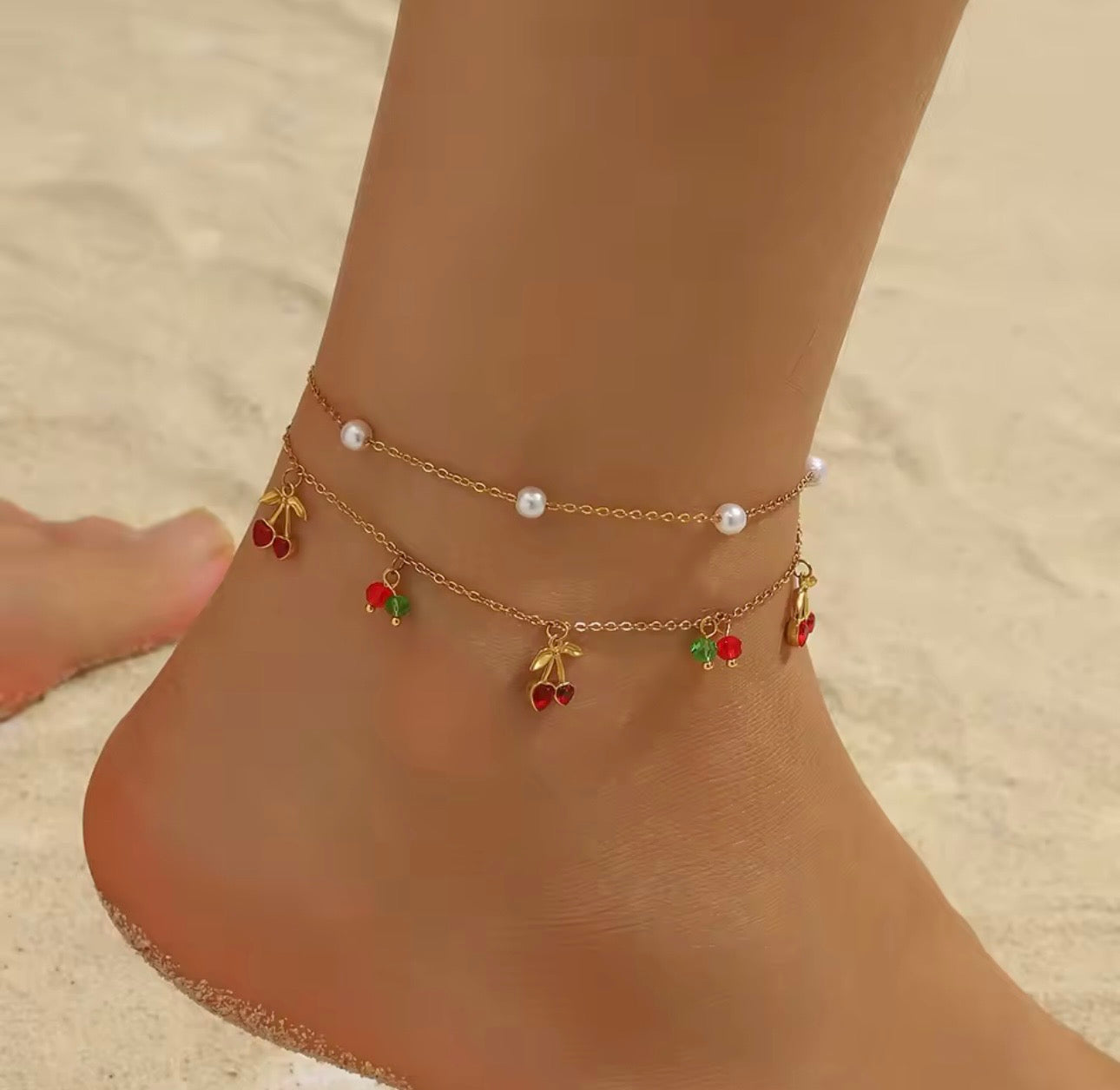 Layered Cherry and Pearl Anklet