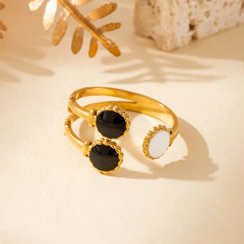 Black & White Dual-Stone Adjustable Gold Ring
