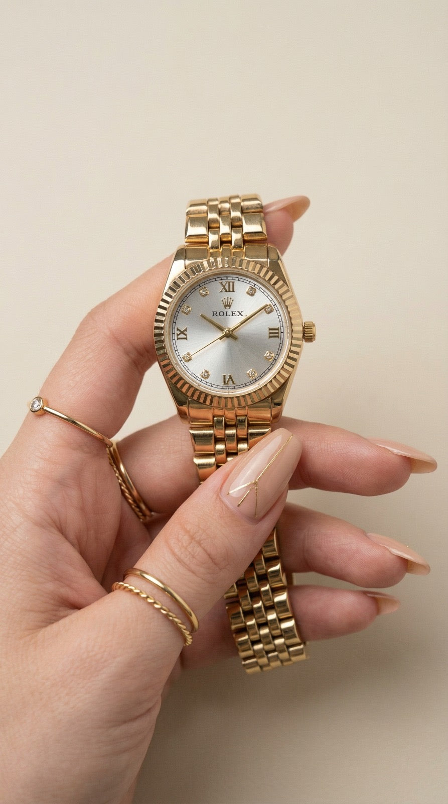 Rolex Classic Golden Women Watch - White Dial