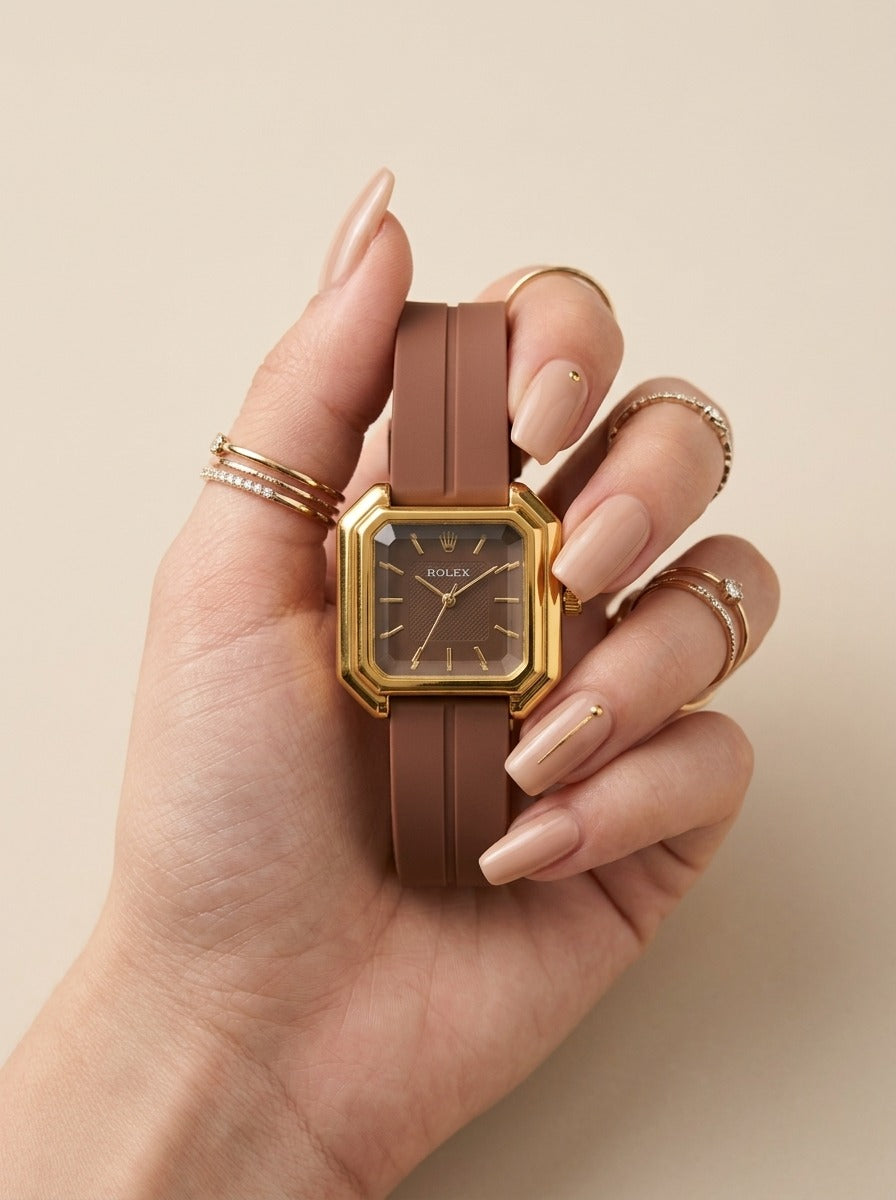 Rol-ex Heritage Octo Women Rubber Strap Watch - Brown