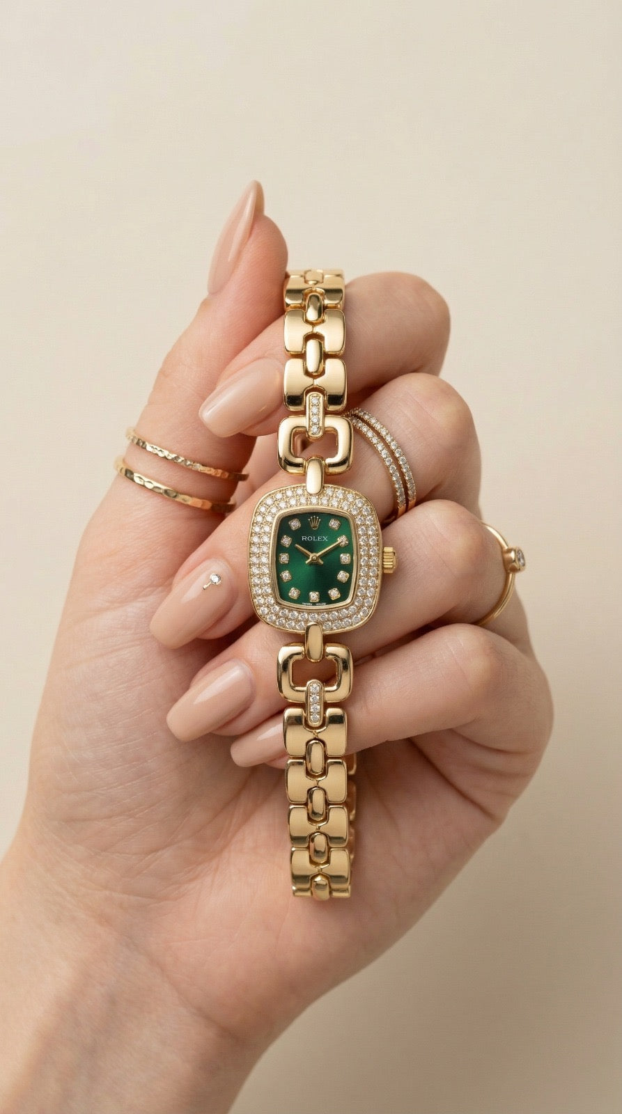 Rol-ex Opulence Silver Women Watch - Green Dial