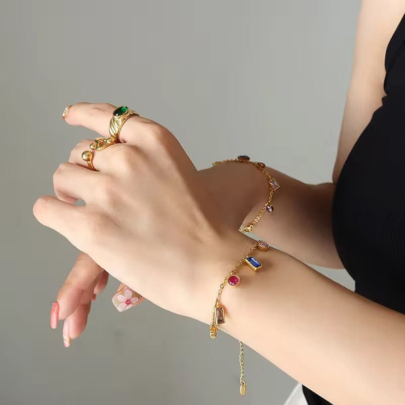 Elegant Multi-Color Gemstone Charm Necklace & Bracelet Jewellery Set