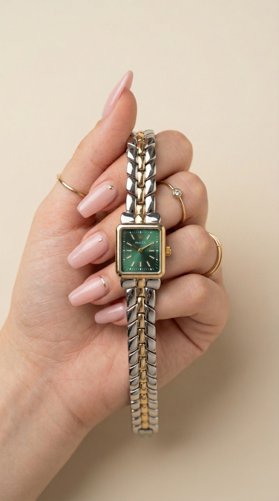 Rol-ex Gilded Square Women Watch - Green Dial