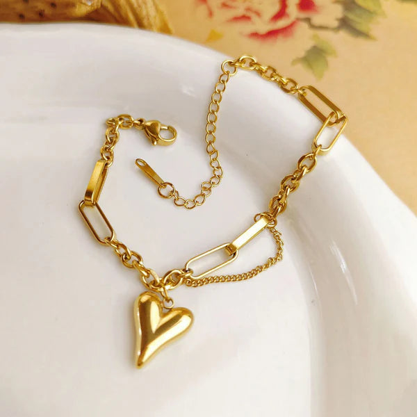Heart Charm Paper Clip Chain Bracelet