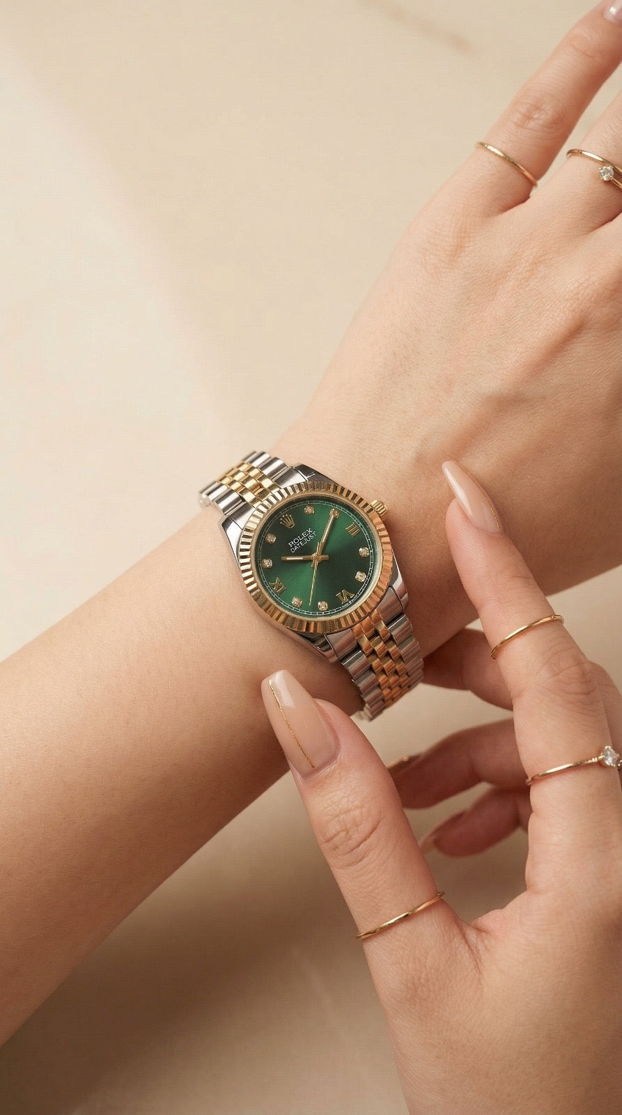Rolex Classic Two Tone Women Watch - Green Dial