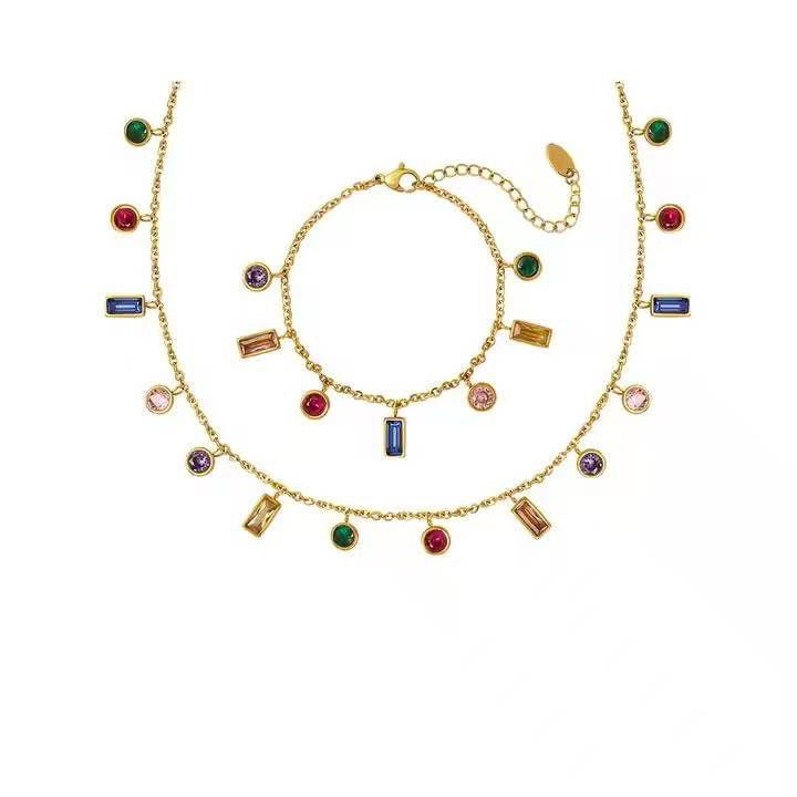 Elegant Multi-Color Gemstone Charm Necklace & Bracelet Jewellery Set