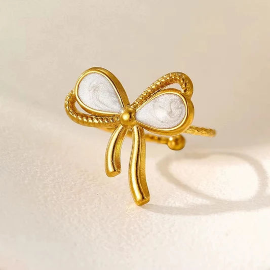 White Stone Bow Adjustable Ring
