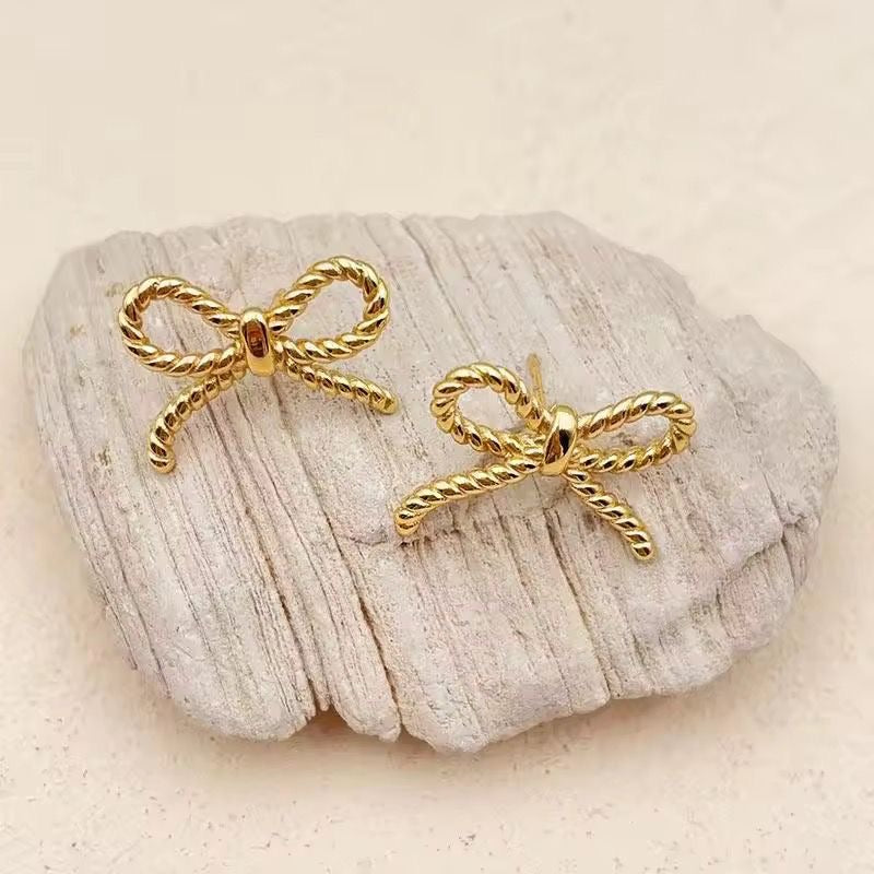 Gold Plated Rope Bow Knot Stud Earrings