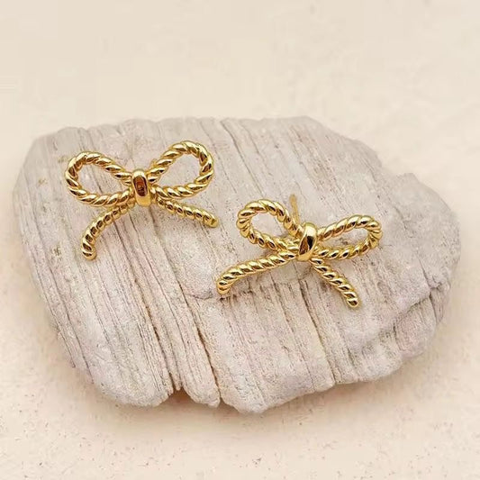 Gold Plated Rope Bow Knot Stud Earrings