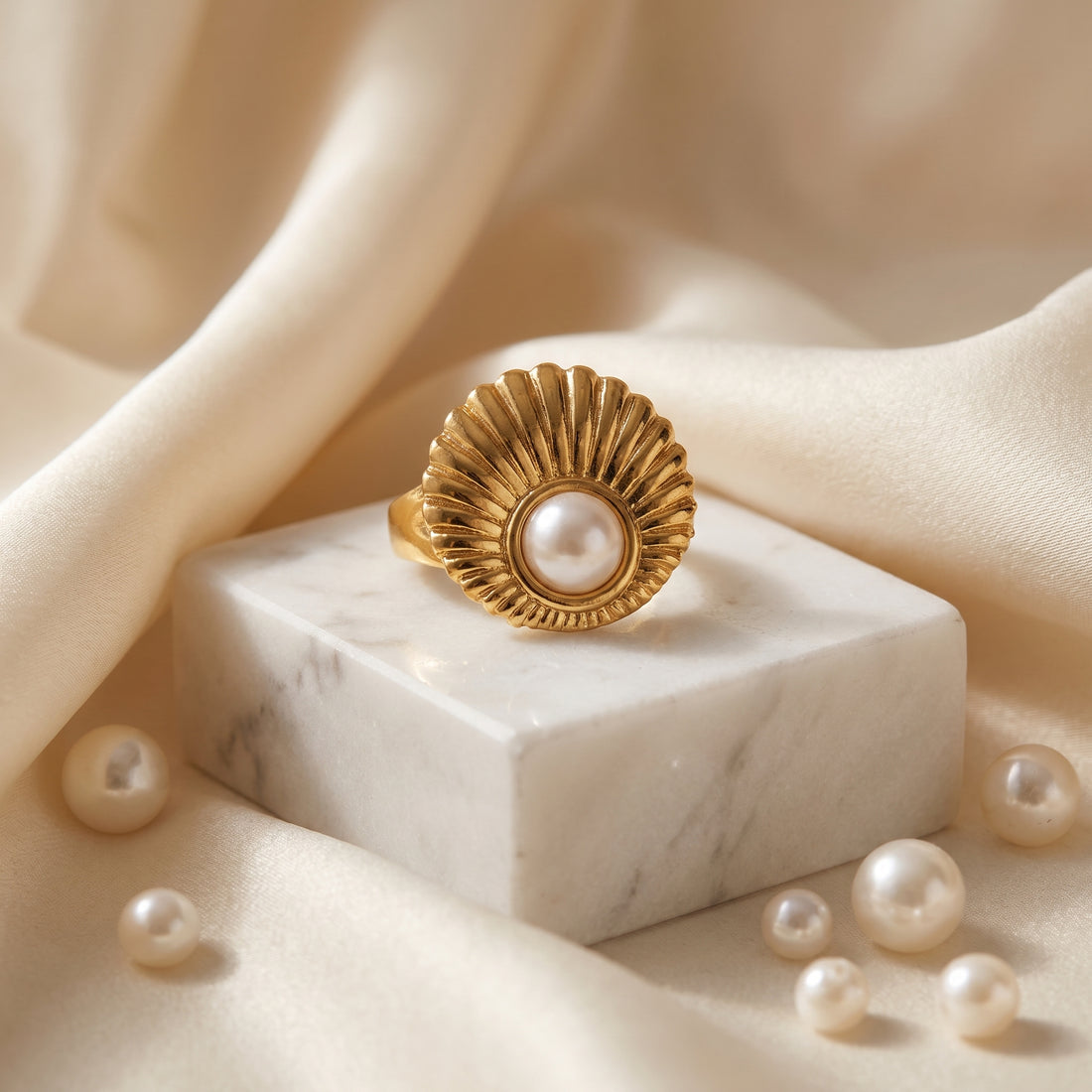 Golden Pearl Sunburst Adjustable  Ring