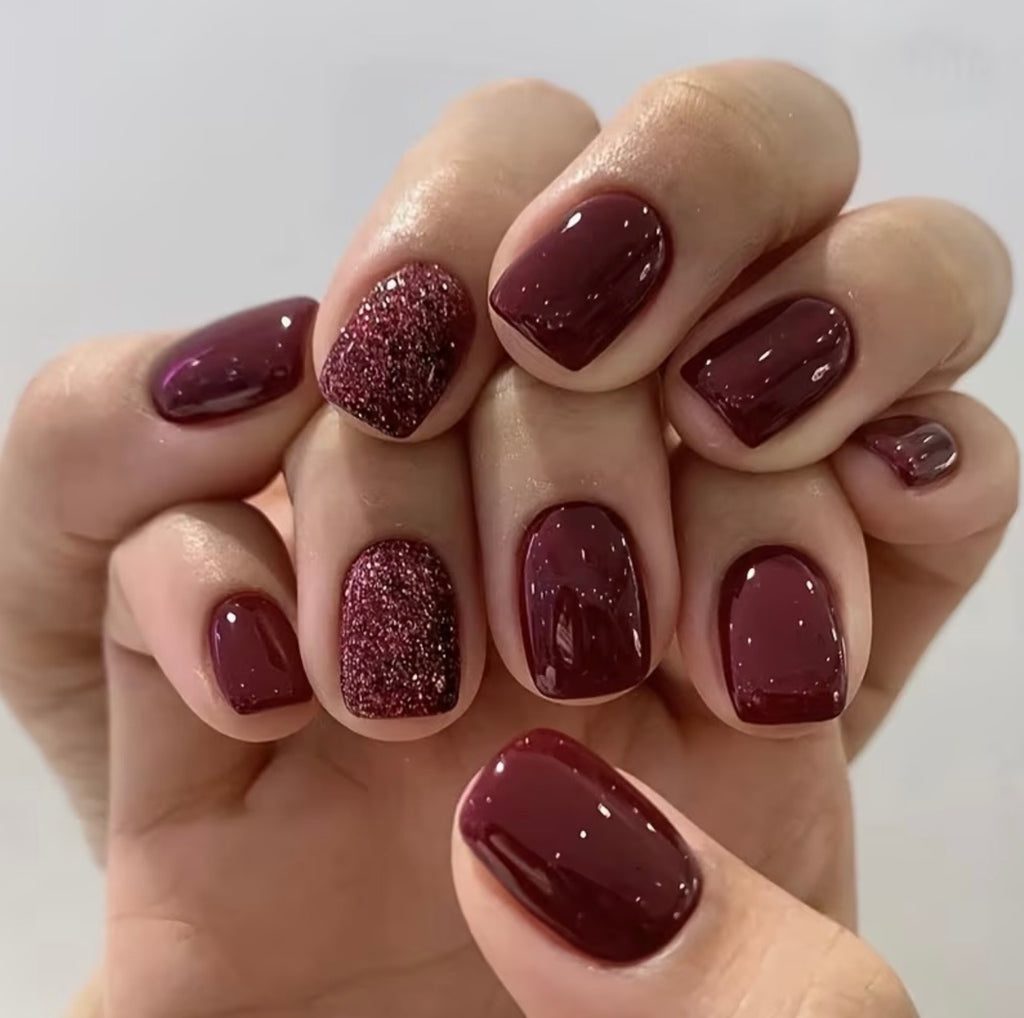 Wine Red & Glitter Square Shaped 24pcs Press-on Nails