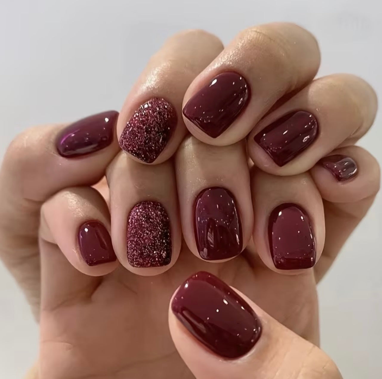 Wine Red & Glitter Square Shaped 24pcs Press-on Nails
