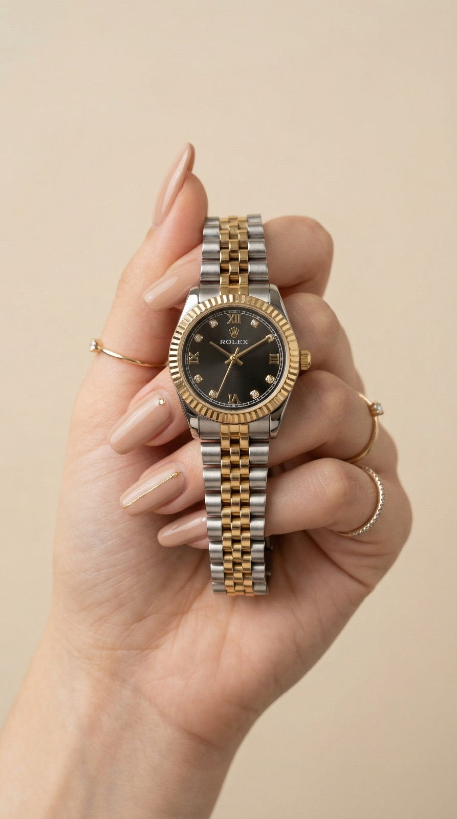 Rolex Classic Two Tone Women Watch - Black Dial