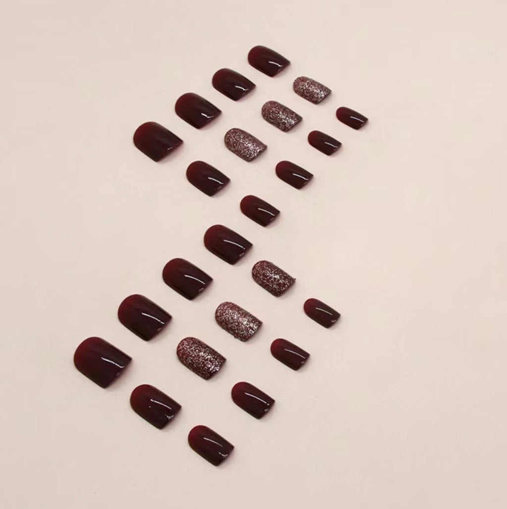 Wine Red & Glitter Square Shaped 24pcs Press-on Nails