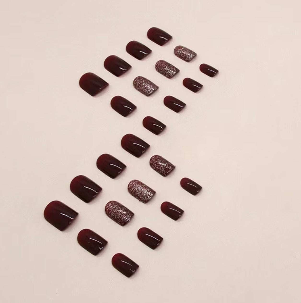 Wine Red & Glitter Square Shaped 24pcs Press-on Nails