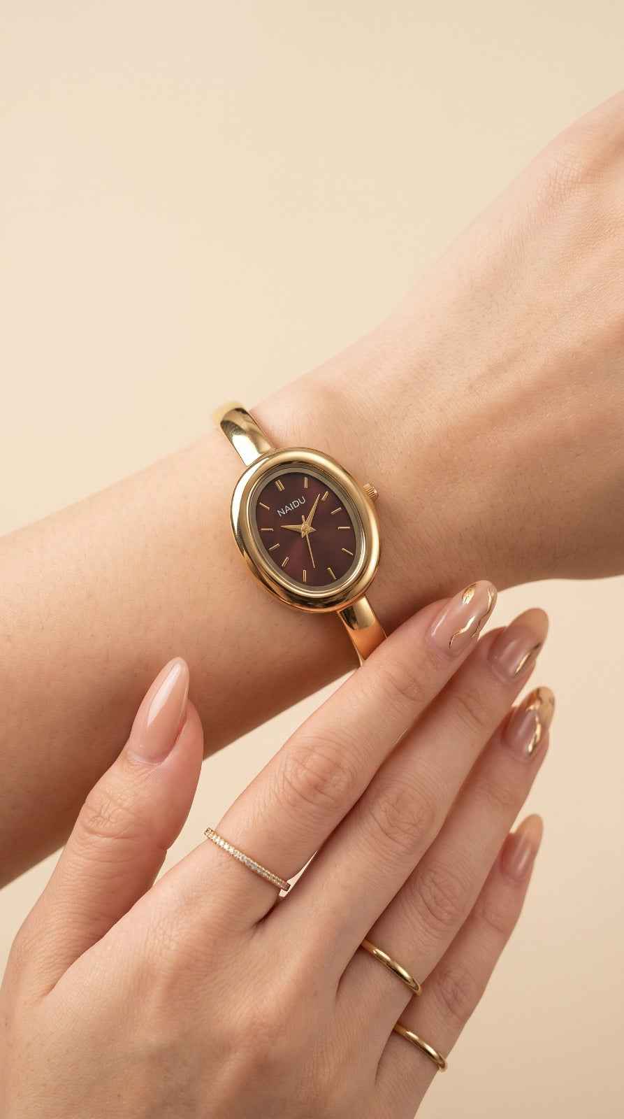Golden Watch Bangle - Maroon Dial