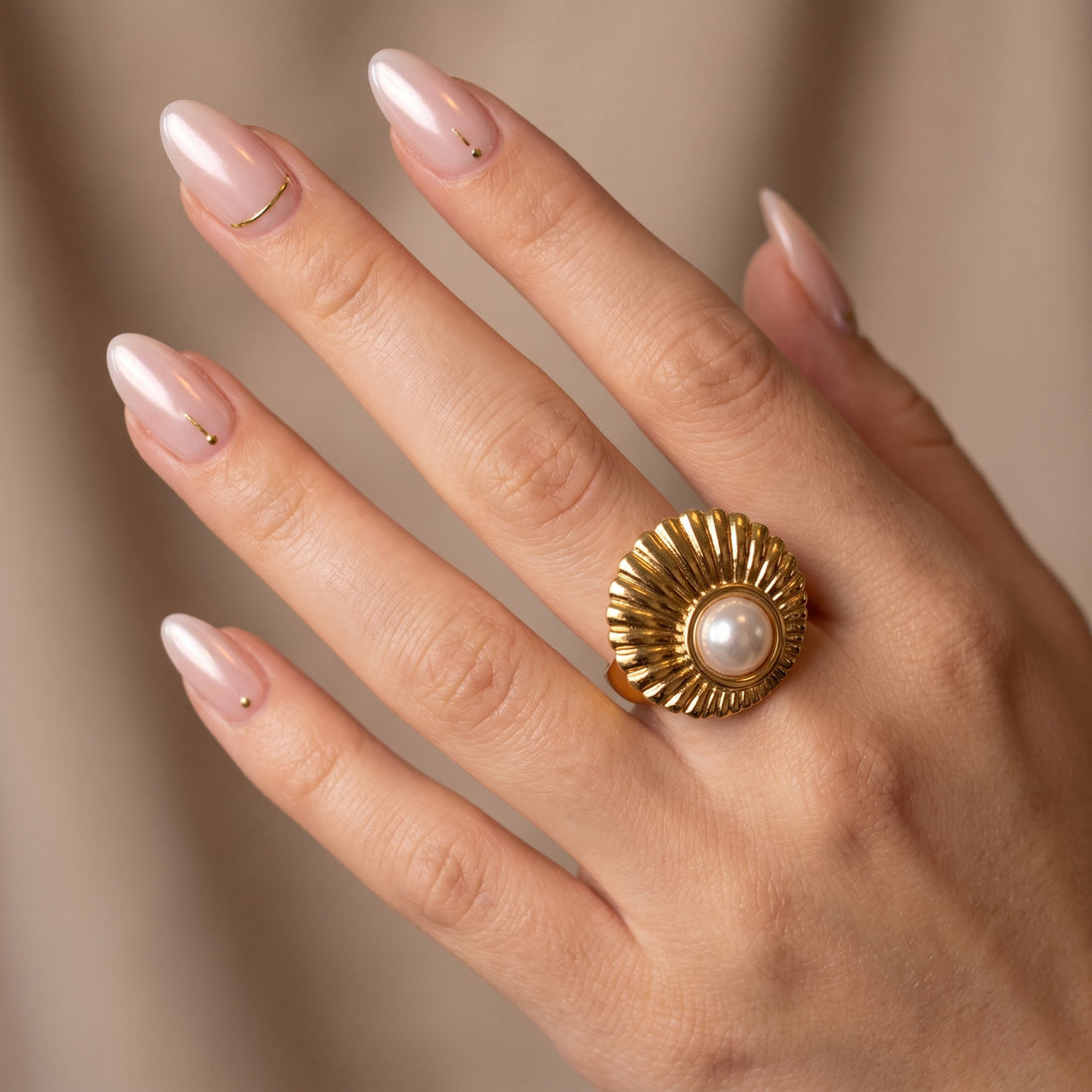 Golden Pearl Sunburst Adjustable  Ring