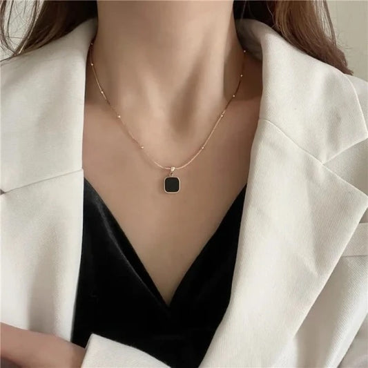 Gold Plated Beaded Chain Necklace with Black Square Pendant
