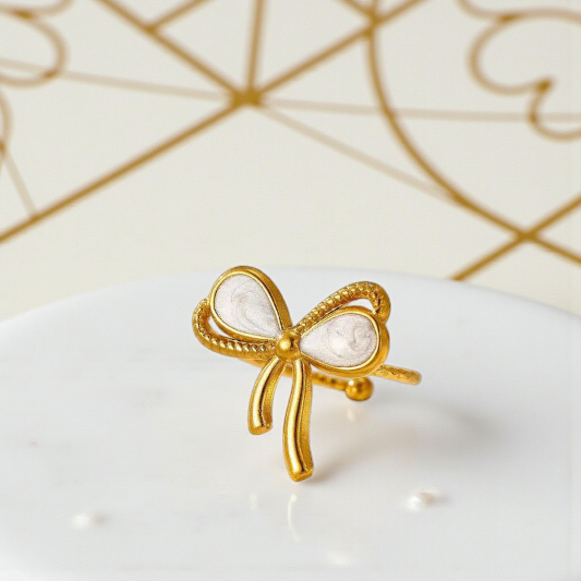 White Stone Bow Adjustable Ring