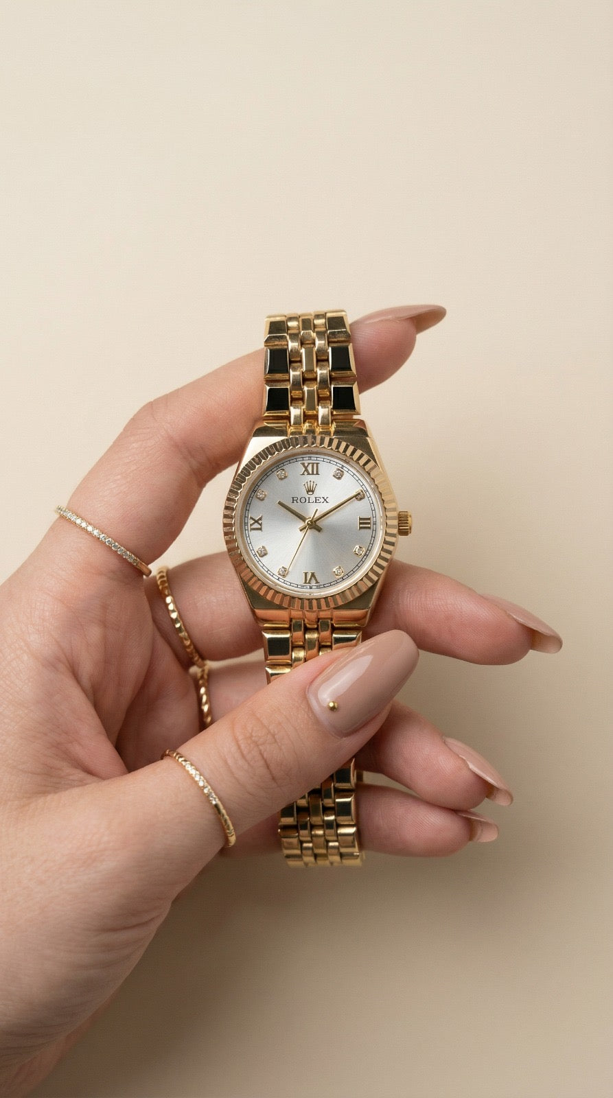 Rolex Classic Golden Women Watch - White Dial