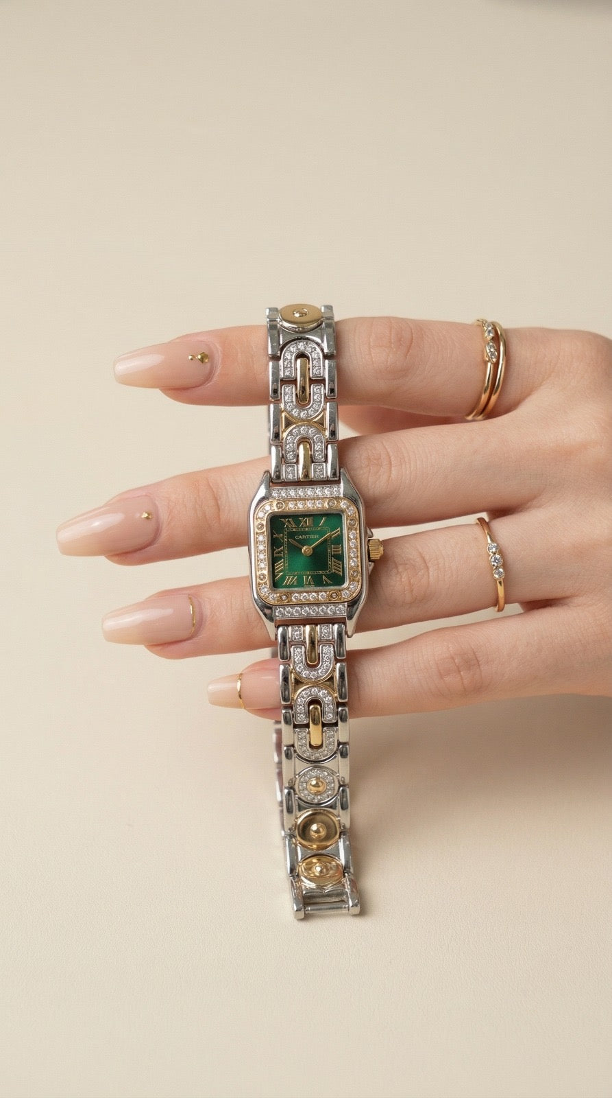 Cartier Sparkle Two Tone Green Dial Women Watch