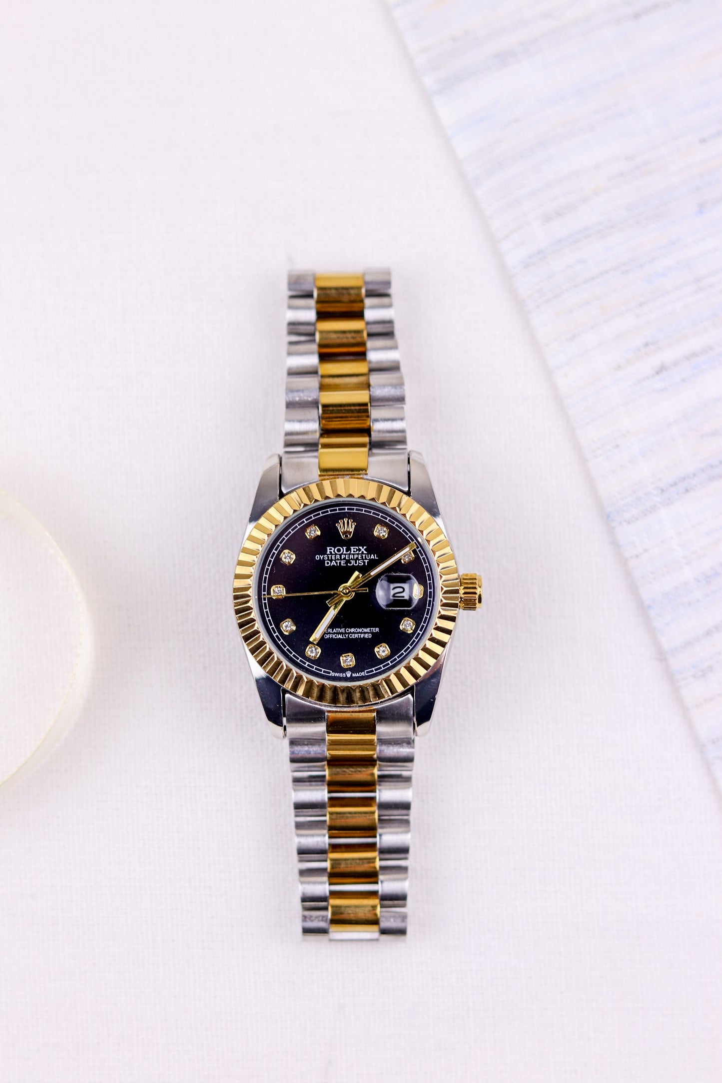 Rol-ex Black Pearl DateJust Women Watch - Fluted Bezel