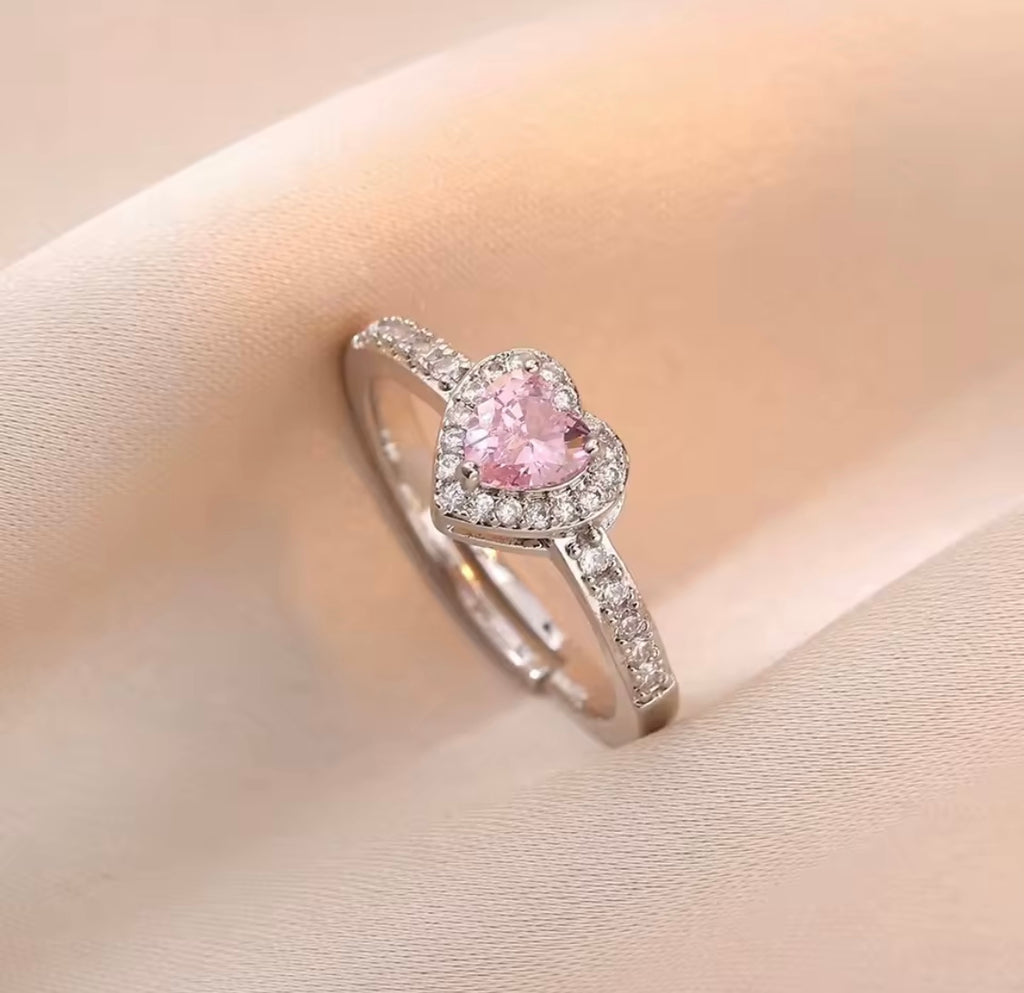 Silver Pink Heart Ring