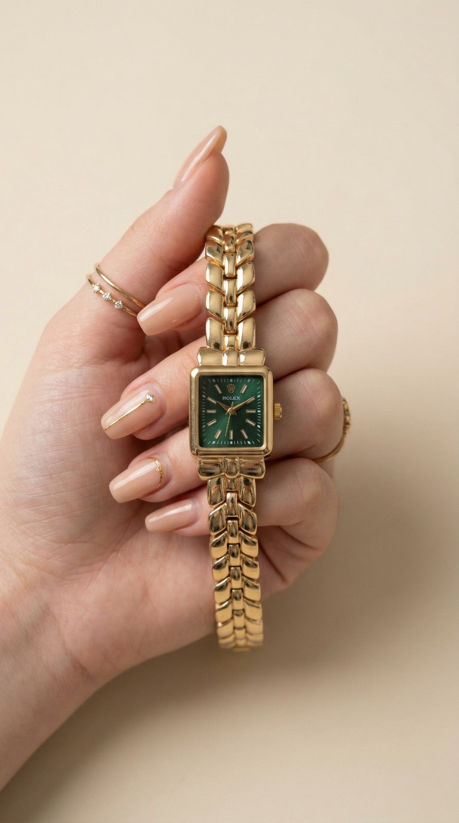 Rol-ex Gilded Square Golden Women Watch - Green Dial