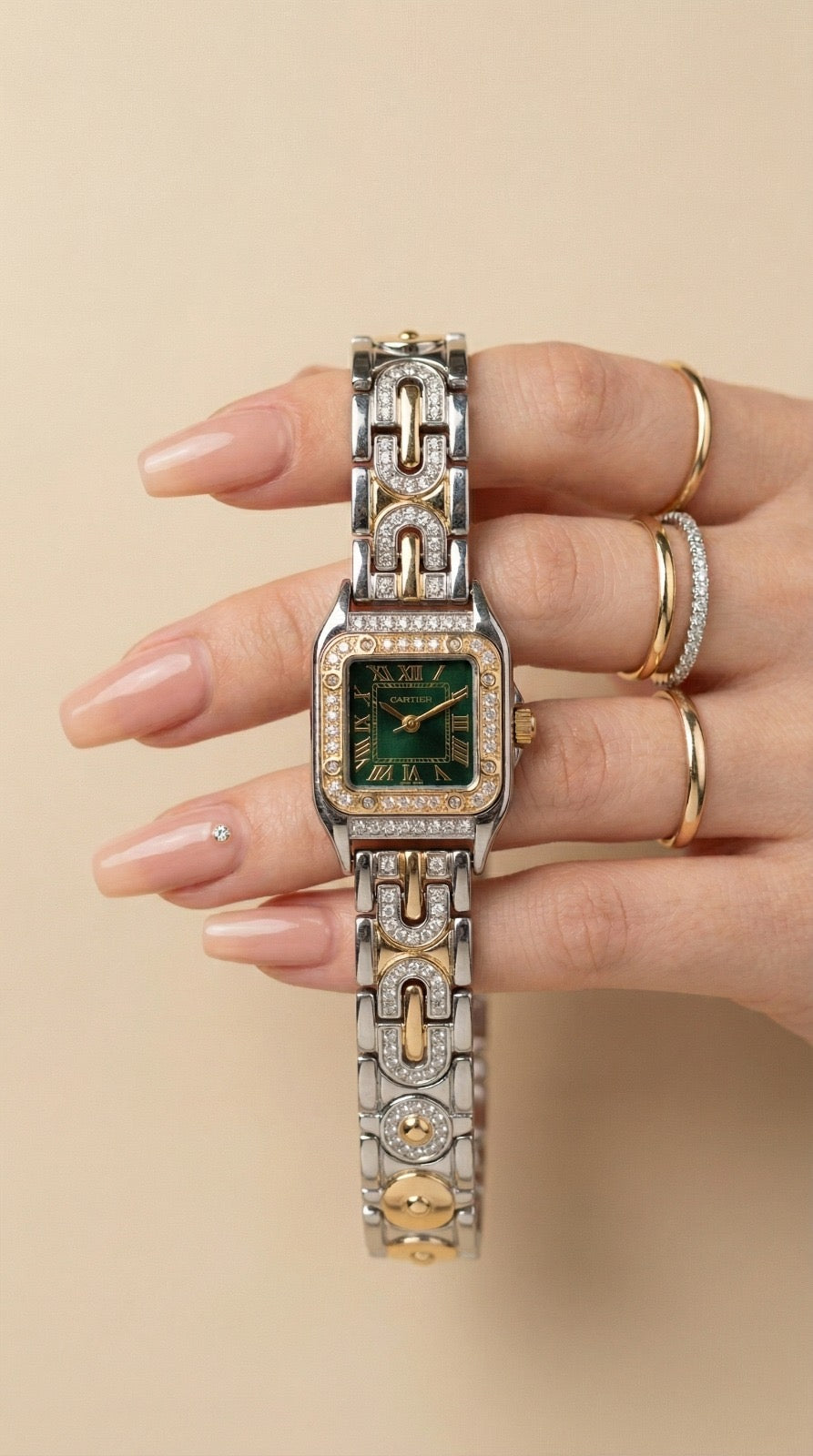Cartier Sparkle Two Tone Green Dial Women Watch