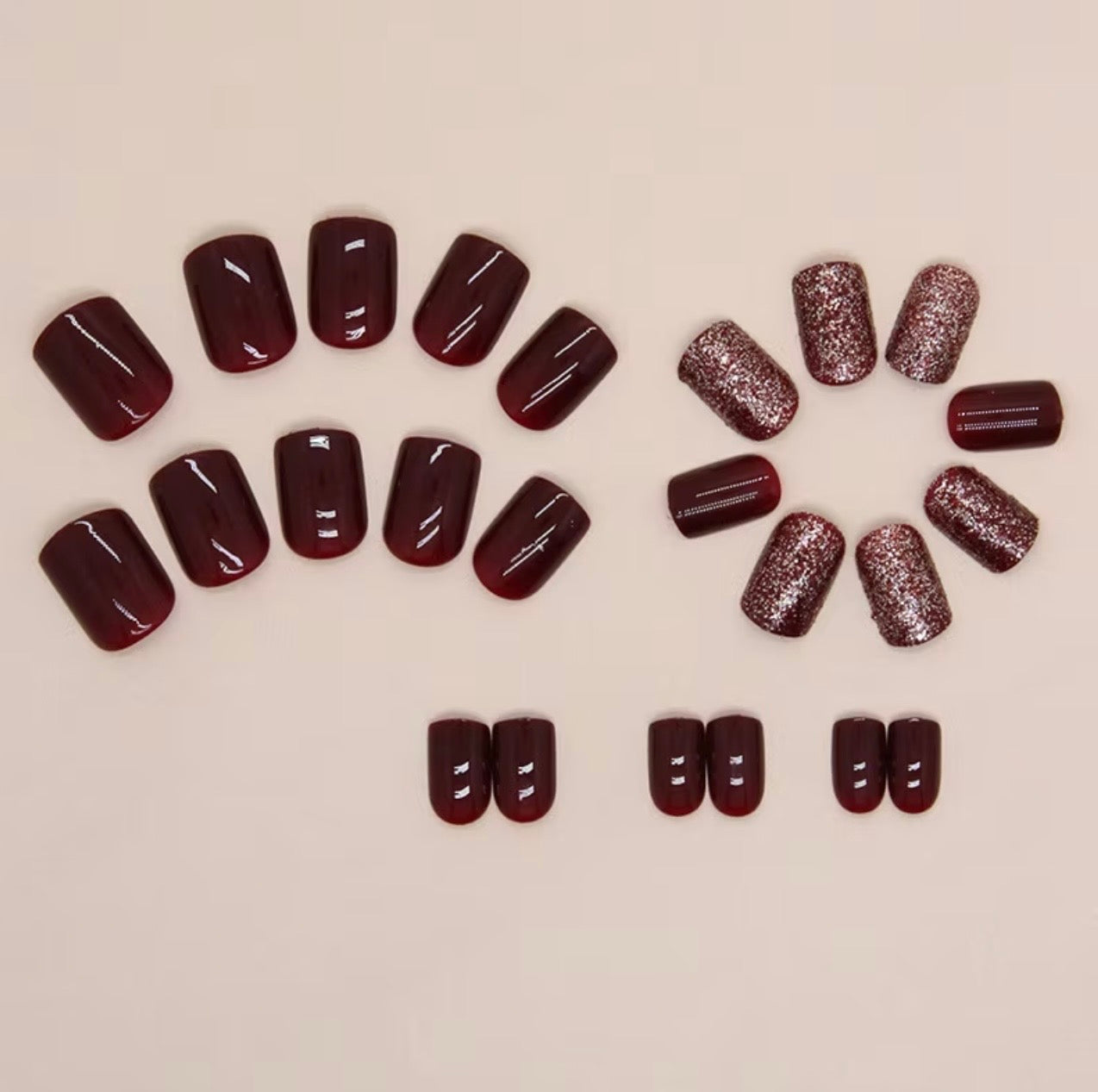 Wine Red & Glitter Square Shaped 24pcs Press-on Nails