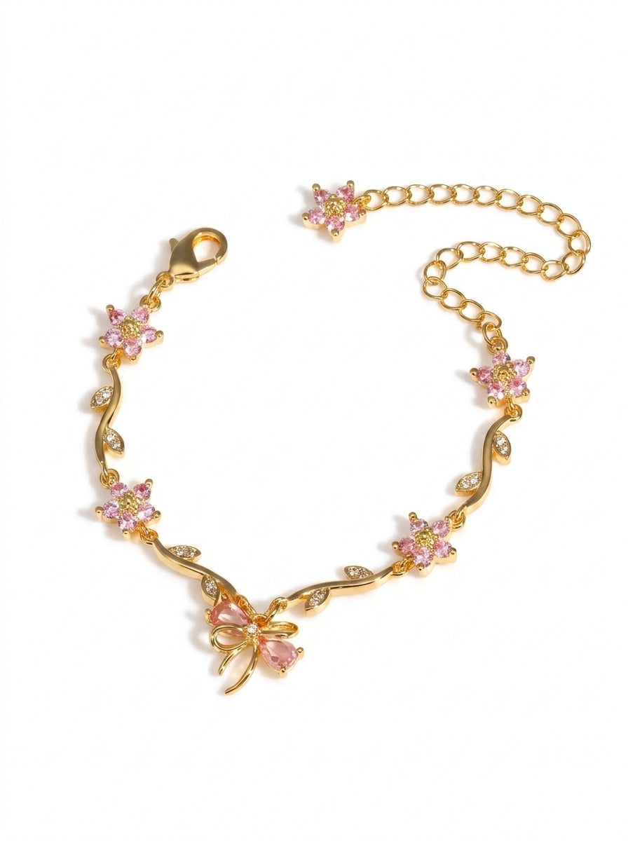 Floral & Bow Bracelet – 18K Gold Plated Charm Bracelet for Women