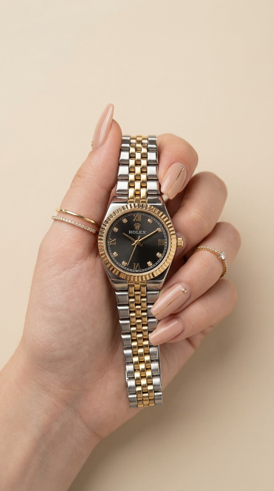 Rolex Classic Two Tone Women Watch - Black Dial