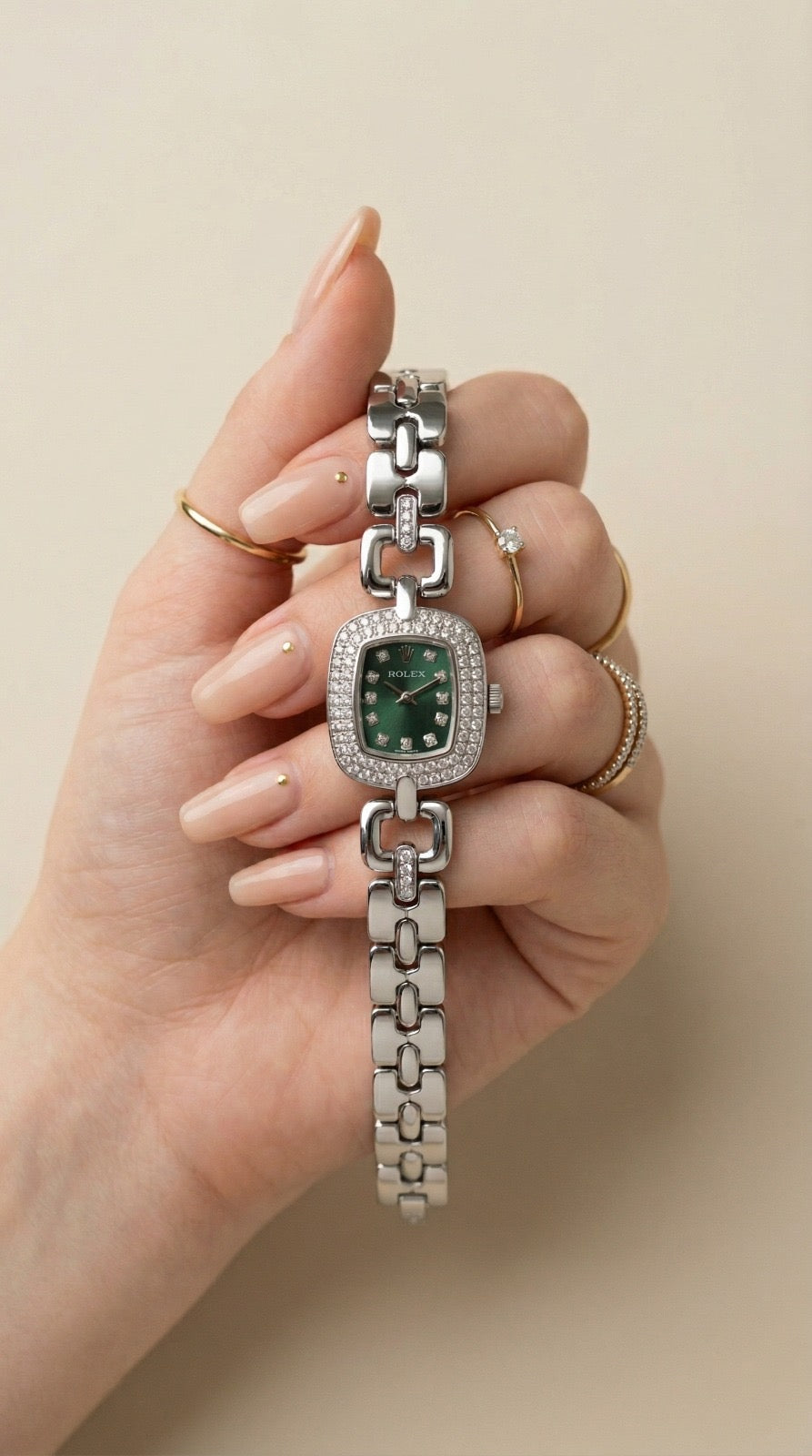 Rol-ex Opulence Silver Women Watch - Green Dial