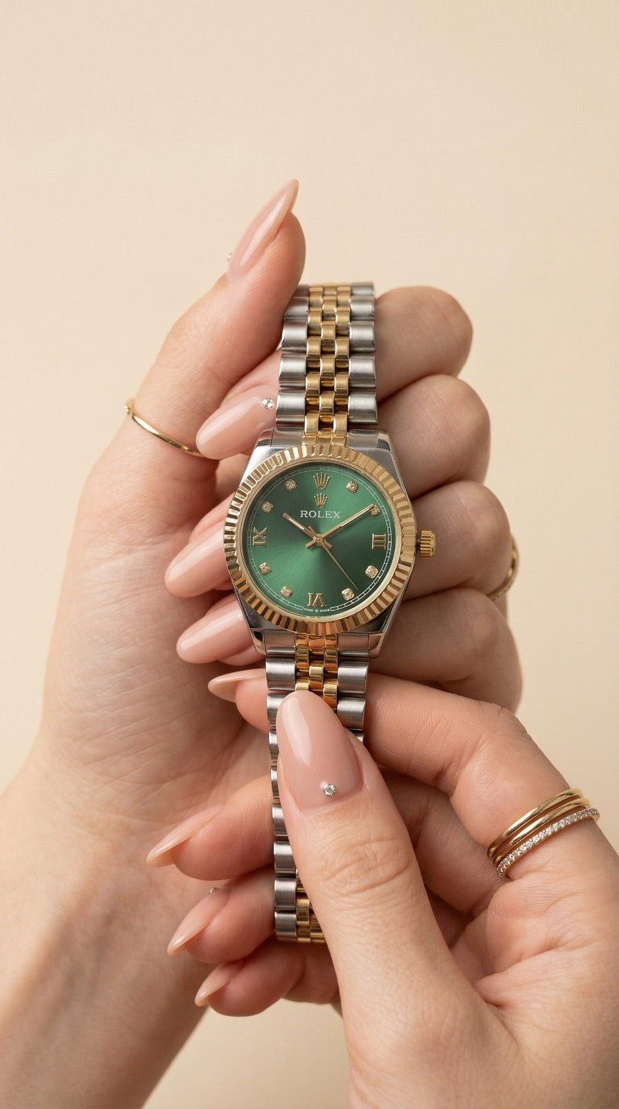 Rolex Classic Two Tone Women Watch - Green Dial