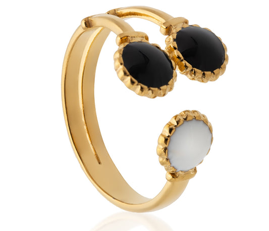 Black & White Dual-Stone Adjustable Gold Ring