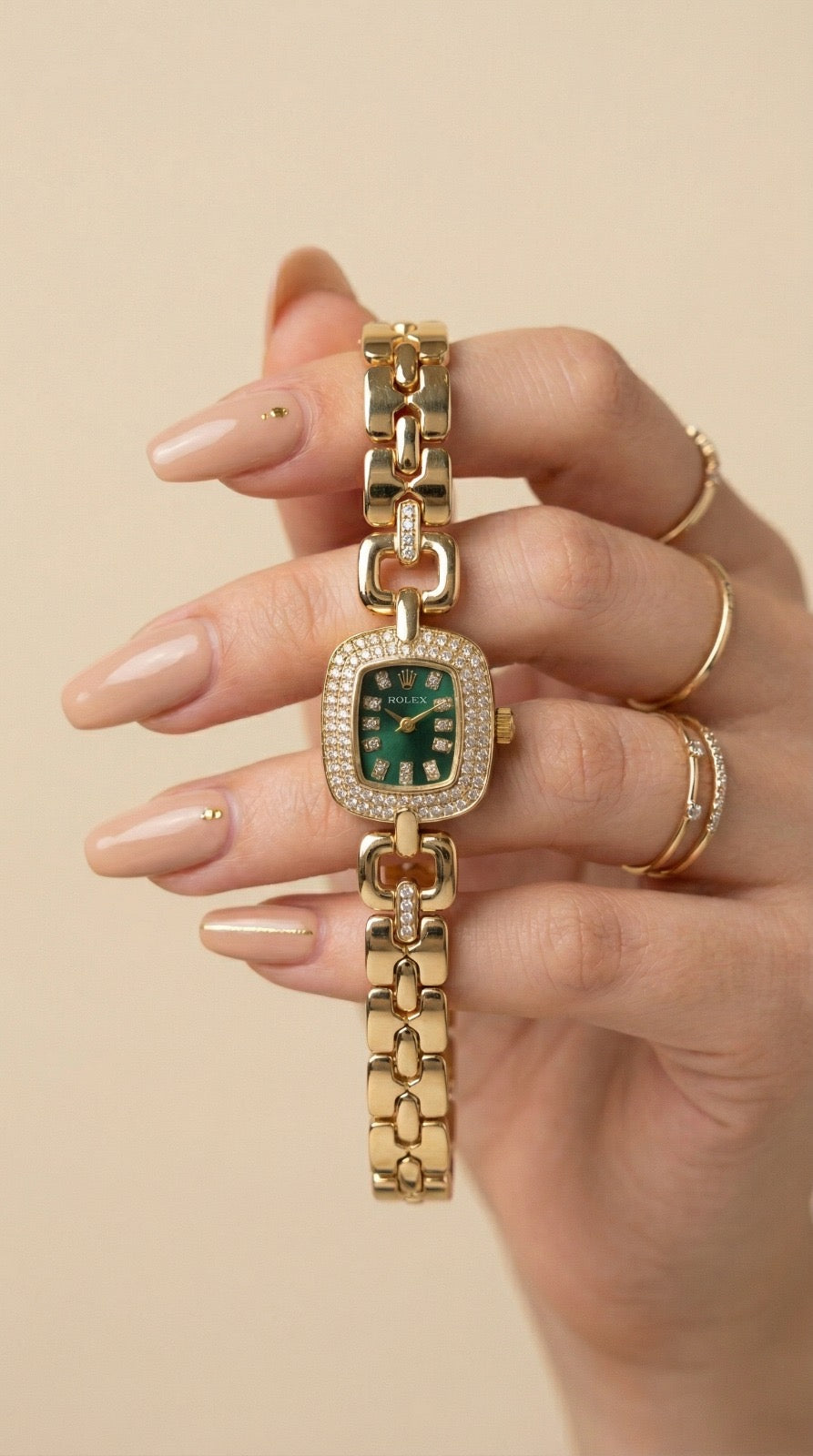 Rol-ex Opulence Silver Women Watch - Green Dial