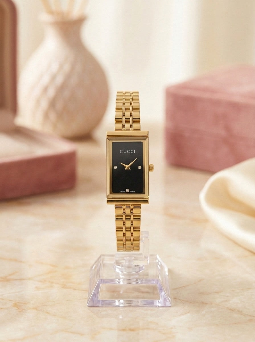 Gucci Rectangular Diamond Dial Gold Stainless Steel Watch for Women