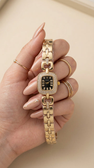 Rol-ex Opulence Golden Women Watch - Black Dial